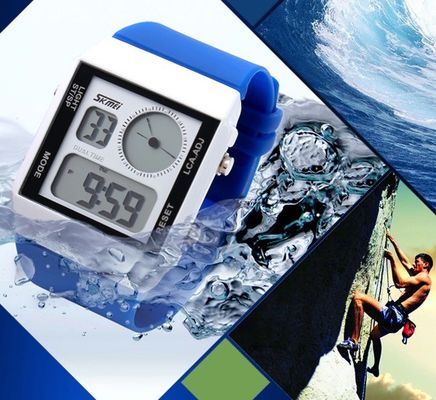 Two Time Zone Sports Mutifunction Digital Watch Plastic Strap  With 5 Colors Backlights