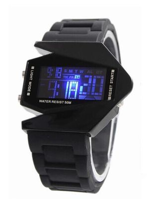 Hitam dan Putih Pesawat Berbentuk Multifunction Digital Watch, Waterproof LED Perhiasan