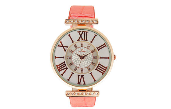 Lady Różowe zegarki skórzany pasek metalu Round Case Quartz Watch Ruchy