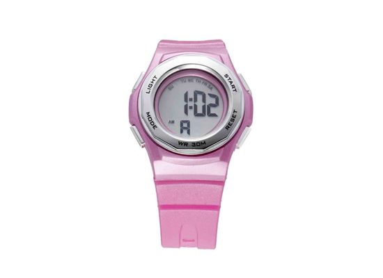 مستدير لون قرنفل pu يصمد إمرأة رياضة ساعة مع lcd إنذار هبة wristwatch