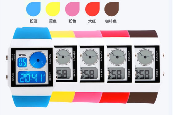 Two Time Zone Sports Mutifunction Digital Watch Plastic Strap  With 5 Colors Backlights