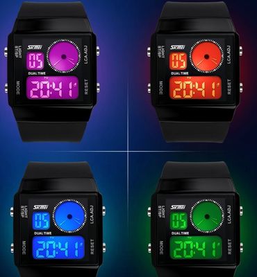 Two Time Zone Sports Mutifunction Digital Watch Plastic Strap  With 5 Colors Backlights