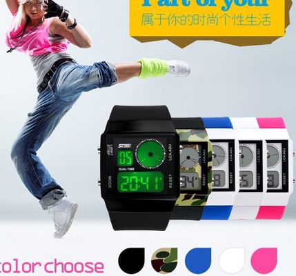 Two Time Zone Sports Mutifunction Digital Watch Plastic Strap  With 5 Colors Backlights