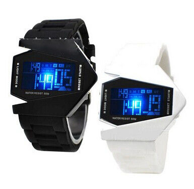 Black and White Aircraft Shaped Multifunction Digital Watch , Waterproof LED Watch