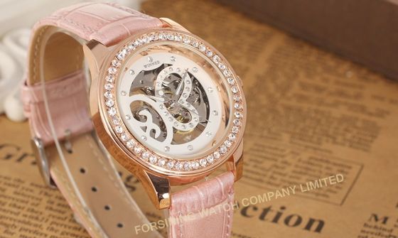 Analog lớn Mặt Womens đeo tay Đồng hồ da màu hồng thời trang tay Gió Cơ cổ tay Watch